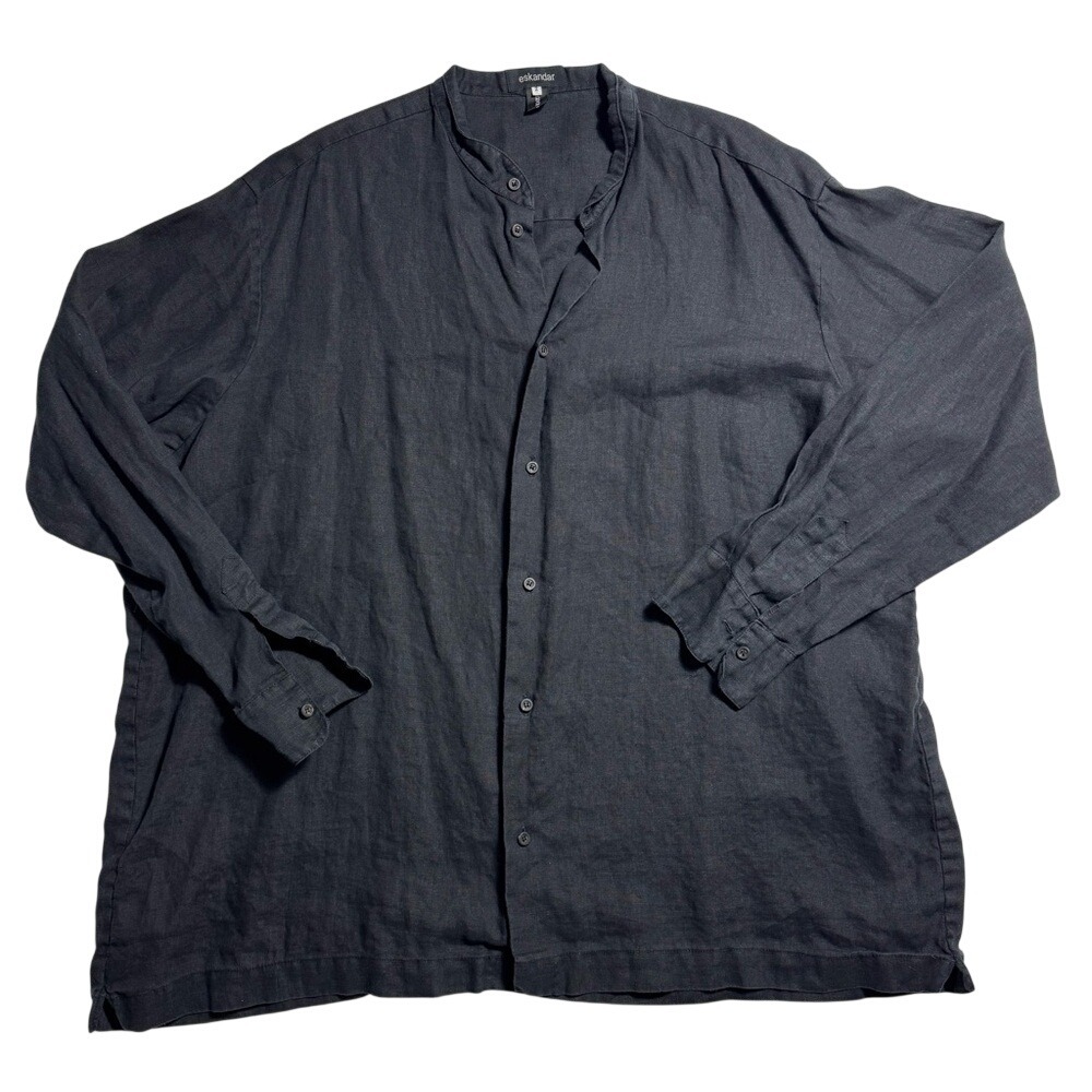 Eskandar Black 100% Linen Mandarin Collar Button Down Shirt Size 2 Made England